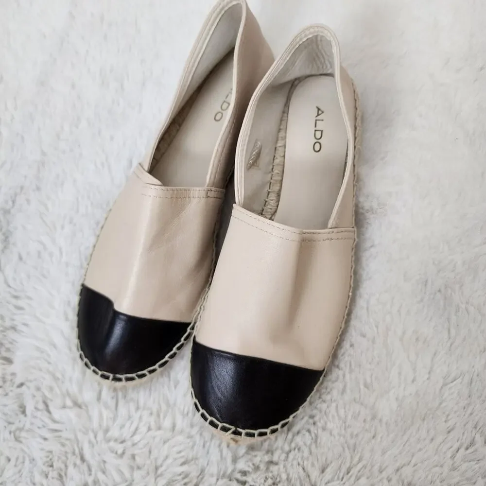 NEW Aldo Cone Leather Espadrilles Natural Cream Black Block Slip On Flats 9